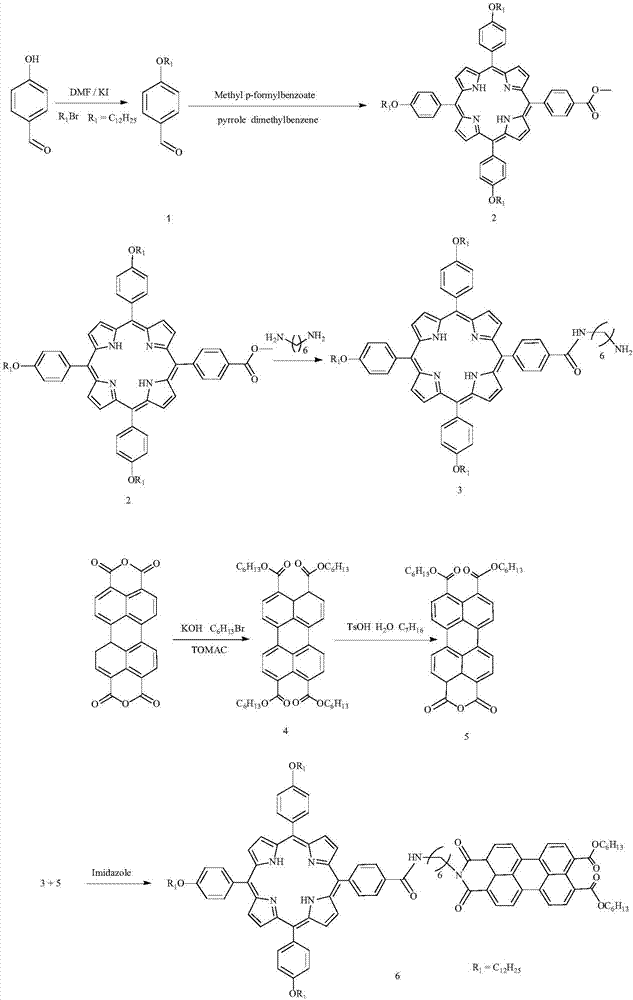 十二烷氧基苯基卟啉苯甲酰胺己烷亚胺桥连苝二己酯二元化合物的合成方法与流程
