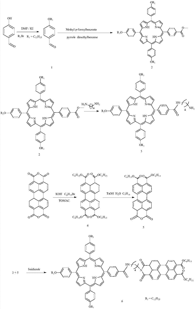 十二烷氧基苯基卟啉苯甲酰胺丁烷亞胺橋連苝二己酯二元化合物的合成方法與流程