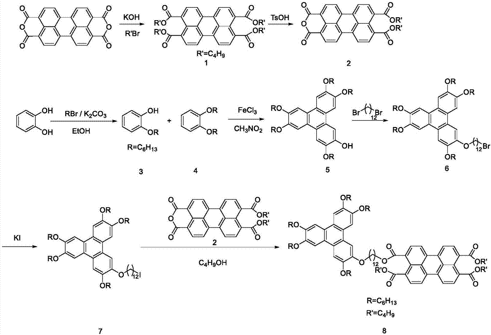 苯并菲十二烷基桥连苝四甲酸丁酯二元化合物盘状液晶材料的合成方法与流程