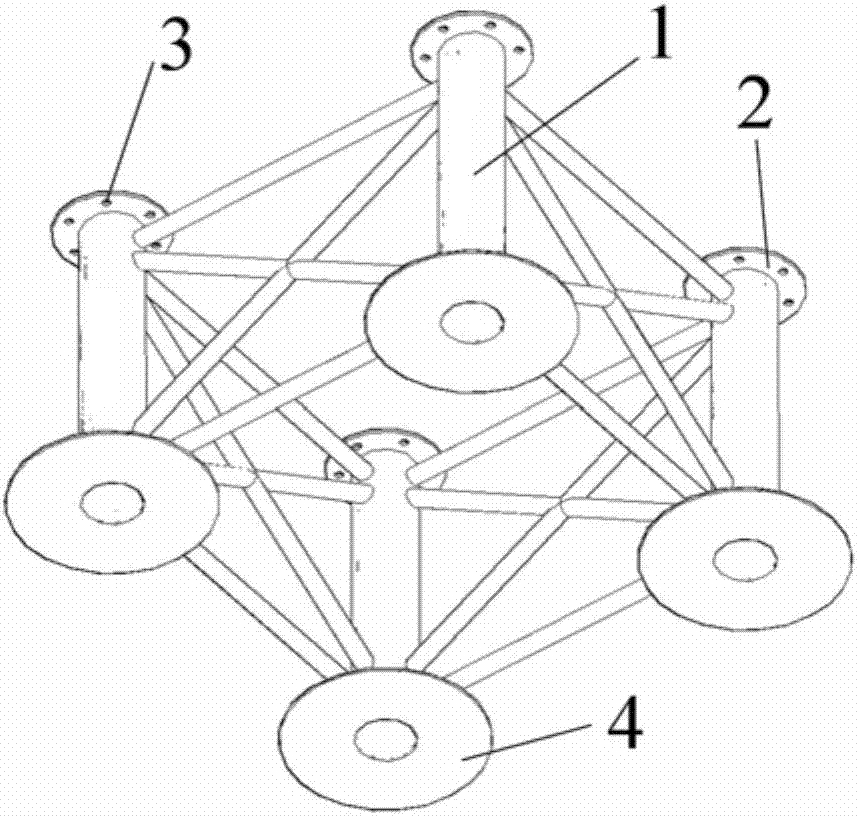 一种四角套柱导管架组装风电基础及其施工方法与流程