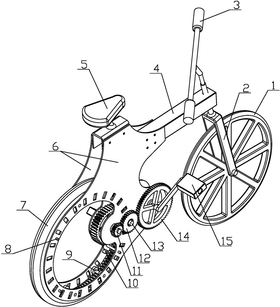 背景技术:传统自行车的脚踏板与驱动轮之间多采用链轮链条方式传动