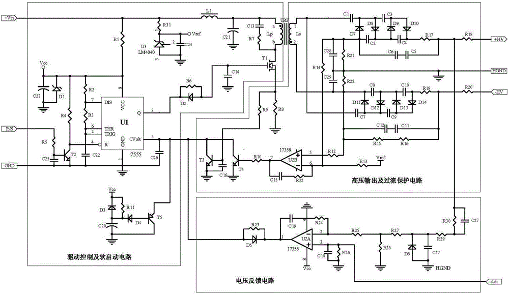 一種帶有軟啟功能的高精度正負(fù)對(duì)稱輸出高壓電源電路的制作方法與工藝