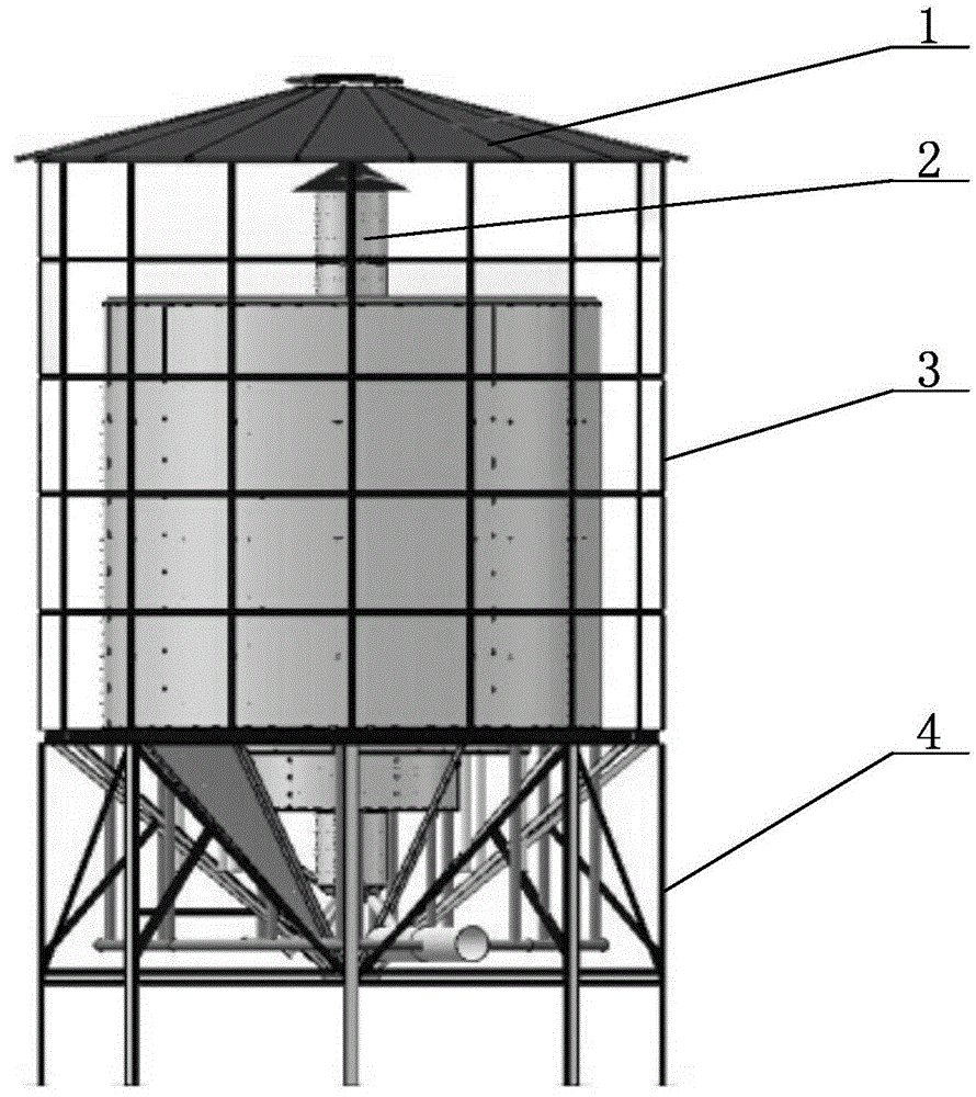 本实施方式所述一种风干储存仓包括仓顶1,分粮器2,粮仓3,底座4和立式