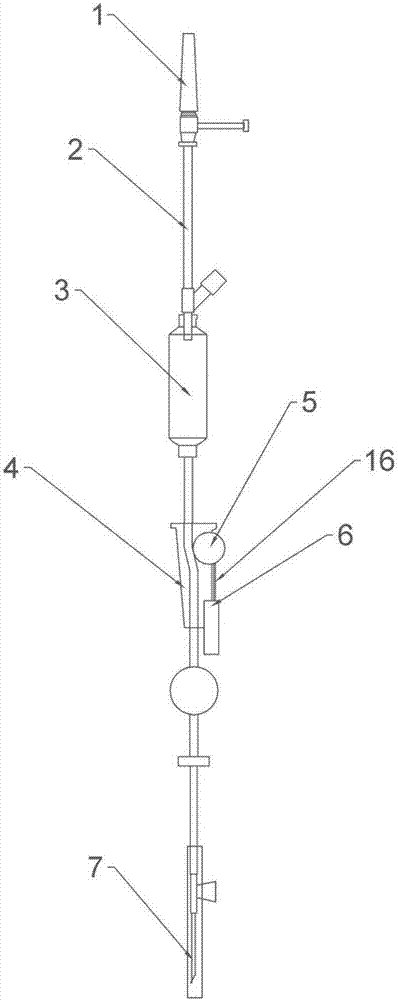 方案如下:输液调节控制装置,包括穿刺器,穿刺针,输液管和莫非氏滴管