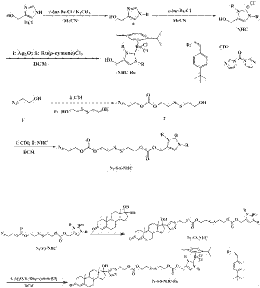 一种孕酮受体靶向氮杂环卡宾中间体和钌类配合物及其制备方法与应用与