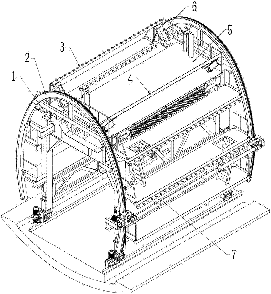 自动铺挂台车结构包括门型架,拱形轨道,沿拱形轨道行走的挂布机械装置