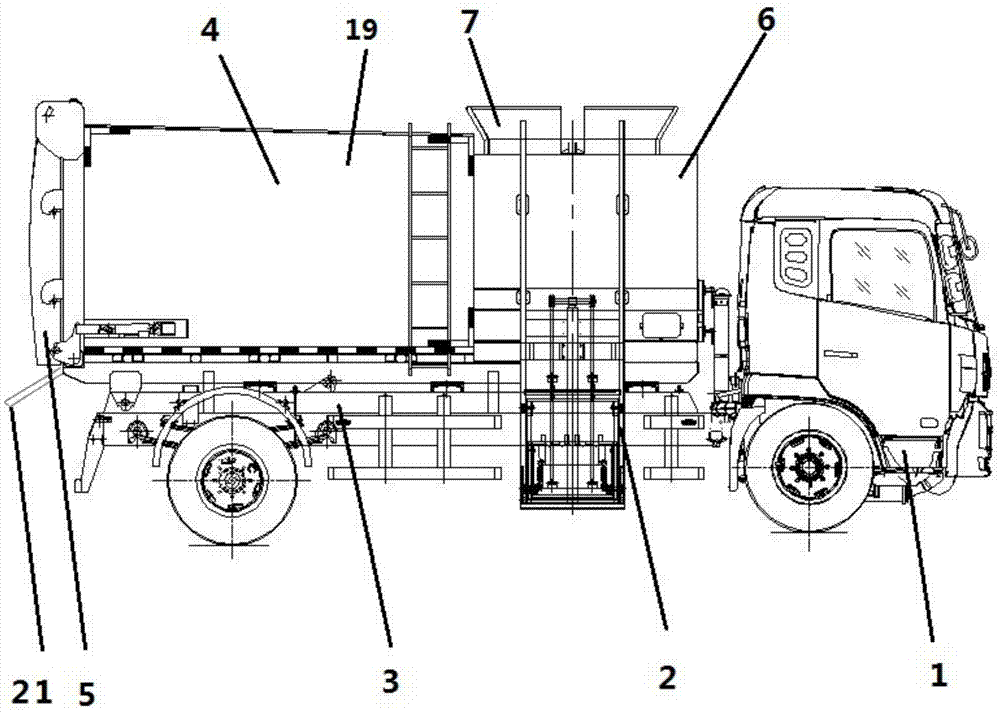 所述车厢顶部设有投料斗,车厢内设有用于压缩垃圾的推铲机构,所述底盘