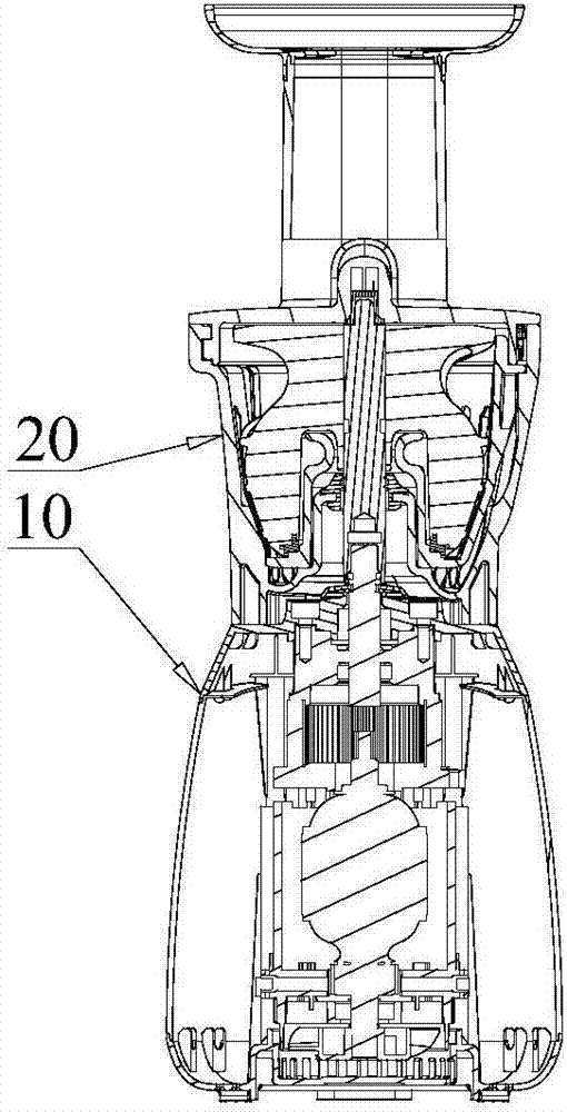 现有技术中,家用立式螺旋挤压式榨汁机一般包括内部设置有控制部件的
