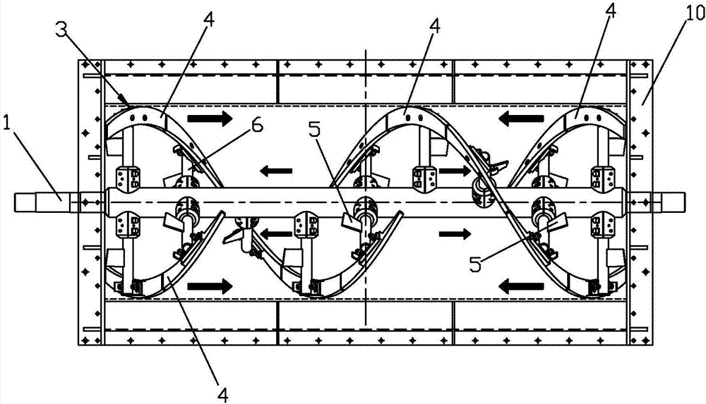 组的搅拌臂(6)都垂直搅拌轴(1)且按正向螺旋间隔布置固接在搅拌轴(1)