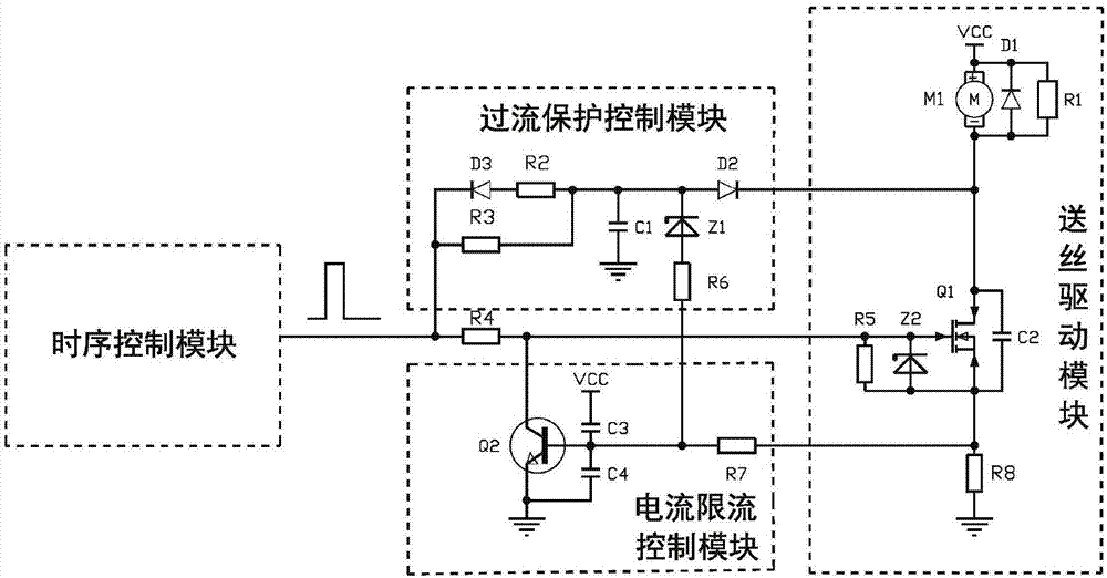 实现送丝机逐个脉冲限流和堵转过流保护的电路的制作方法