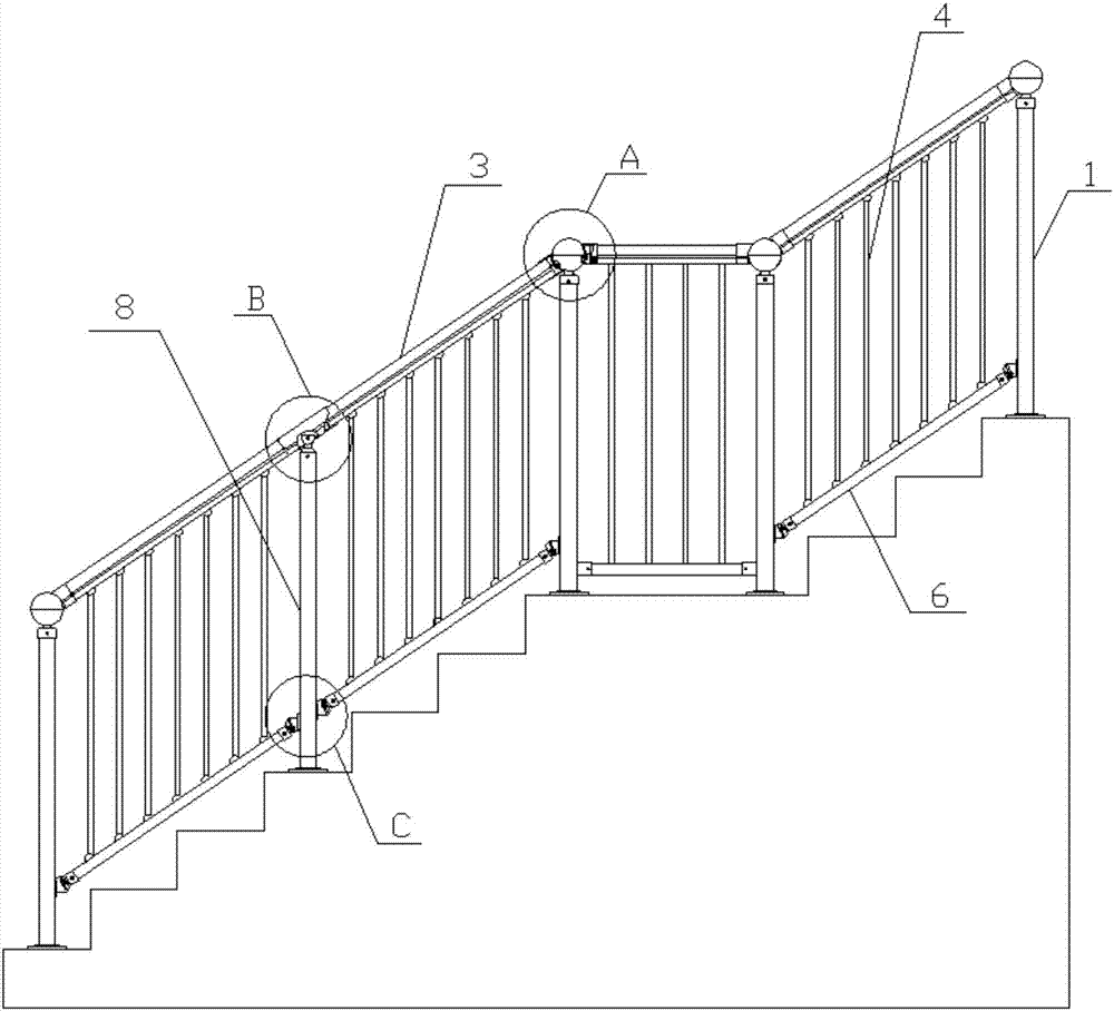 球接头(2),楼梯上扶手部件(3),楼梯栏杆(4),楼梯下横档连接件(5),楼梯