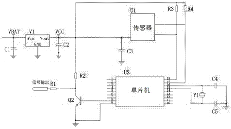 上述的一种电子式倾斜传感器,所述输出电路包括电阻r1,r2,三极管q2