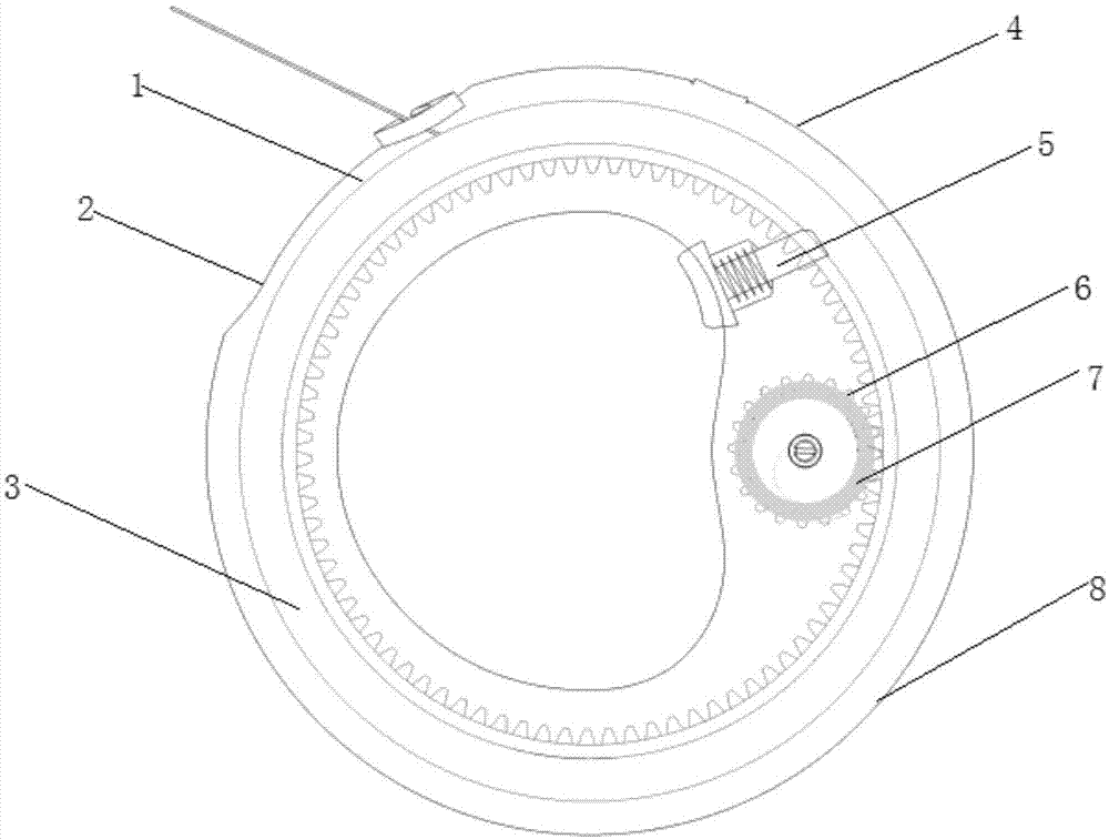 可伸缩部分结构为一滚轮,滚轮中心为驱动卷簧,外部为收纳牵引绳的导