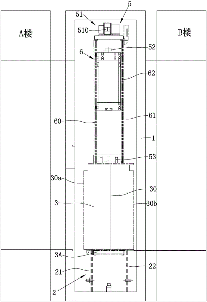 一种结构紧凑的两栋楼层共用式电梯的制作方法