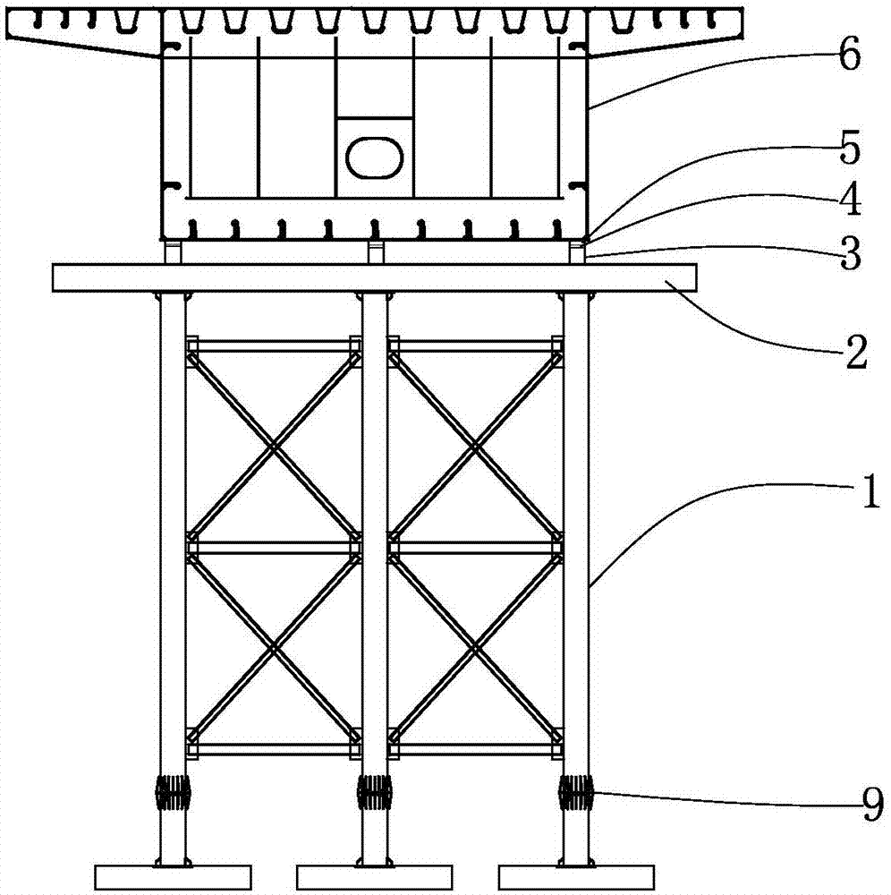 本实用新型属于桥梁施工技术领域,涉及钢箱梁桥施工的临时支架,具体