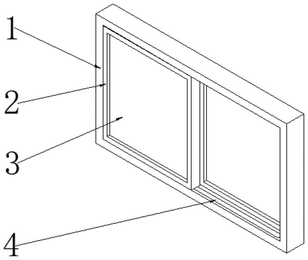组合式铝合金门窗,包括第一框架,第二框架,钢化玻璃,滑槽,第一连接孔