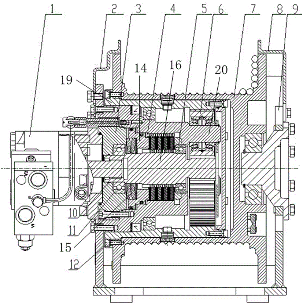 一种内藏式液压绞车,包括液压马达,制动器,行星减速机构,卷筒和支架
