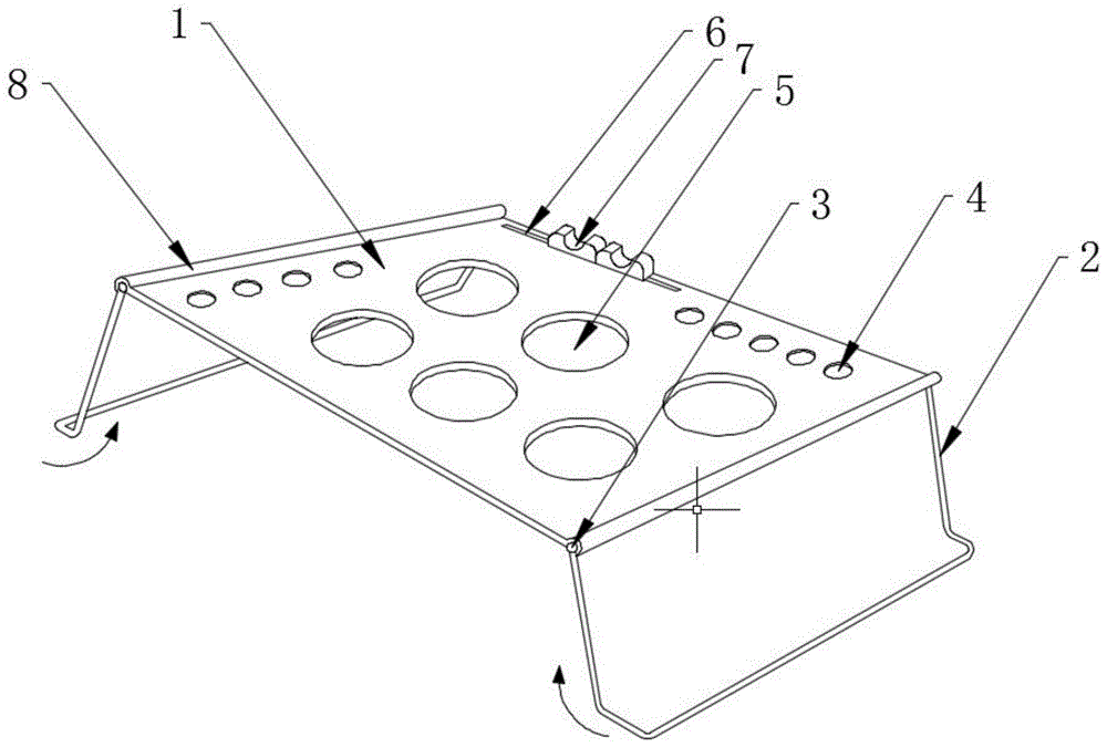 如图所示:1,托盘主体,2,支撑架,3,旋转轴,4,毛笔插孔,5,调色盘托孔,6