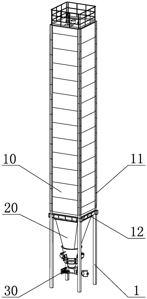 仓板可配合连接后向上延伸,且仓体可沿水平方向组合延展;所述锥形下料