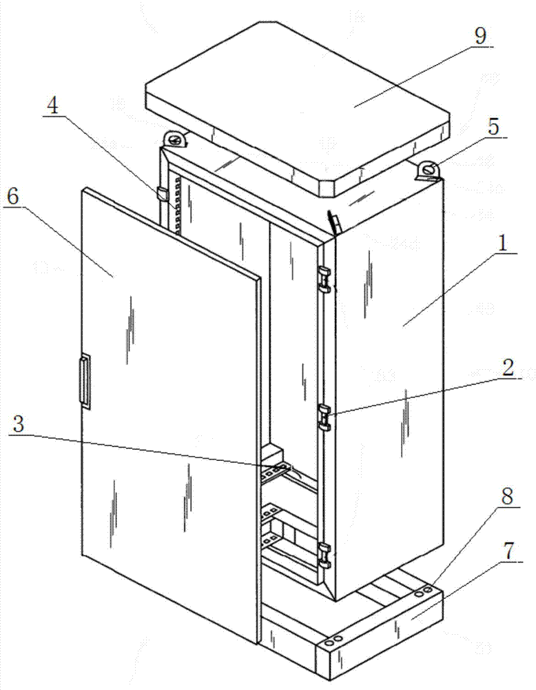 内部隔板横梁,内部器件安装架,防晒板固定耳,门板,底座槽钢,柜体连接