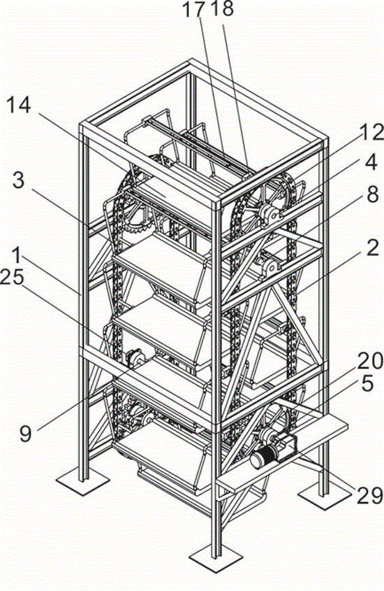式机械立体车库大都采用链轮机构,利用重力垂挂原理保持车辆水平转动