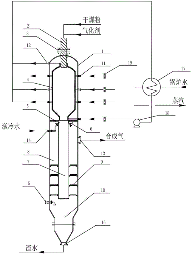 一种下行激冷炉外移热的干煤粉加压气化装置的制作方法