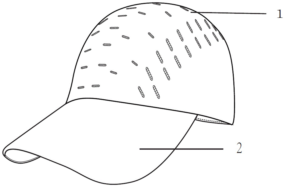 实现上述目的,本实用新型的技术方案为:所述棒球帽由帽顶和帽舌构成