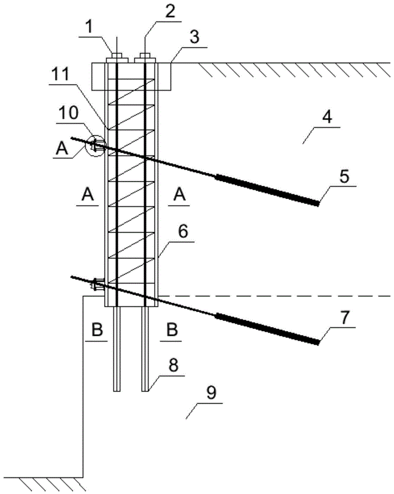 一种用于上软下硬地层的排桩复合支护结构,包括灌注桩,竖向预应力锚杆