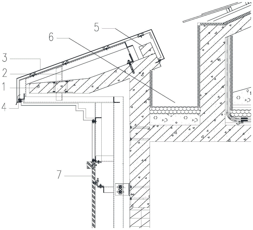 一种法式建筑檐口结构,包括混凝土天沟和石材面板,所述檐口结构还包括