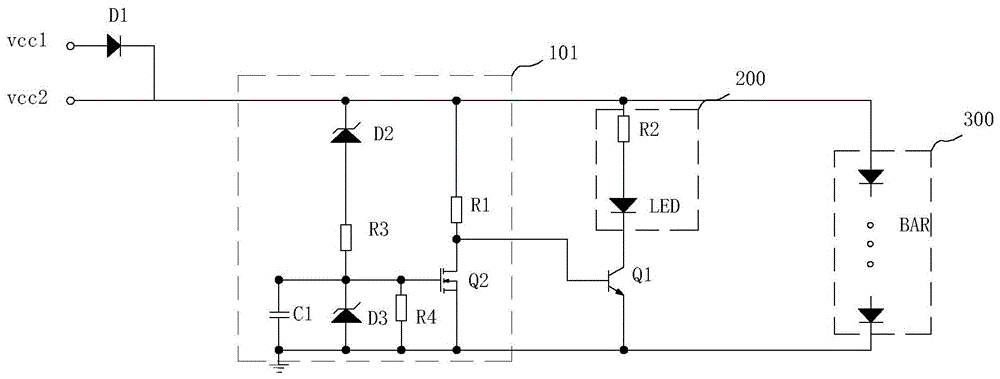 一种激光模块与指示模块的电源共线电路的制作方法