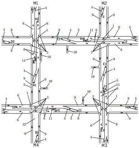 一种靠右与靠左行驶混合布置主干麻花状路网系统的制作方法
