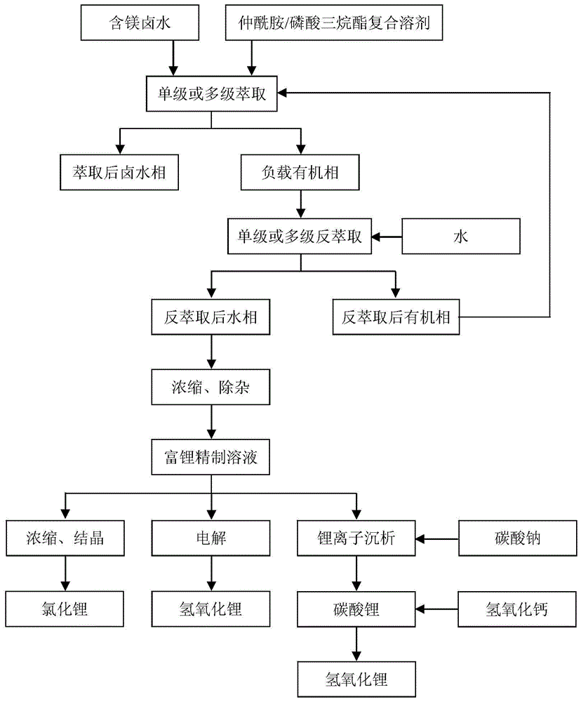 用仲酰胺/磷酸三烷酯复合溶剂从含镁卤水中分离镁提取锂的萃取体系、萃取方法和其应用与流程