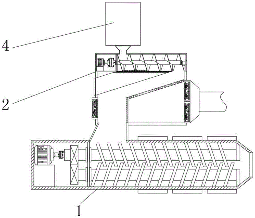 所述处理框的内壁顶部设置有离散框,所述离散框的顶部固定连接有料仓