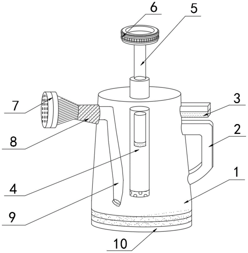 工具制造及其应用技术 一种塑料喷水壶,包括喷水壶壳体,柔性把手和