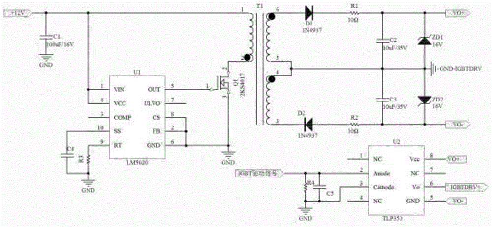 可选的,所述正,负驱动电压施加在所述光耦隔离电路的原边,实现igbt的