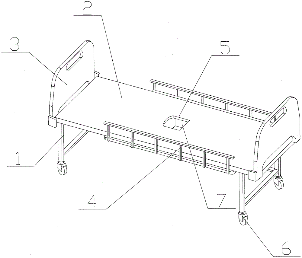 床板,架板,护栏,排泄口,底轮和稳固装置,所述床板固定安装在床架顶