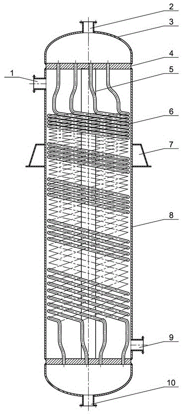 一种变螺距绕管式换热器,主要包括中心筒,螺旋换热管束,垫条,管板,筒