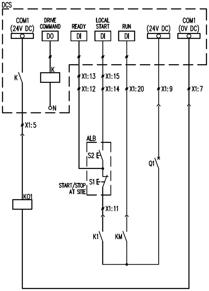 本发明采用的技术方案为:一种皮带机电机控制系统,包括拉绳开关,跑偏