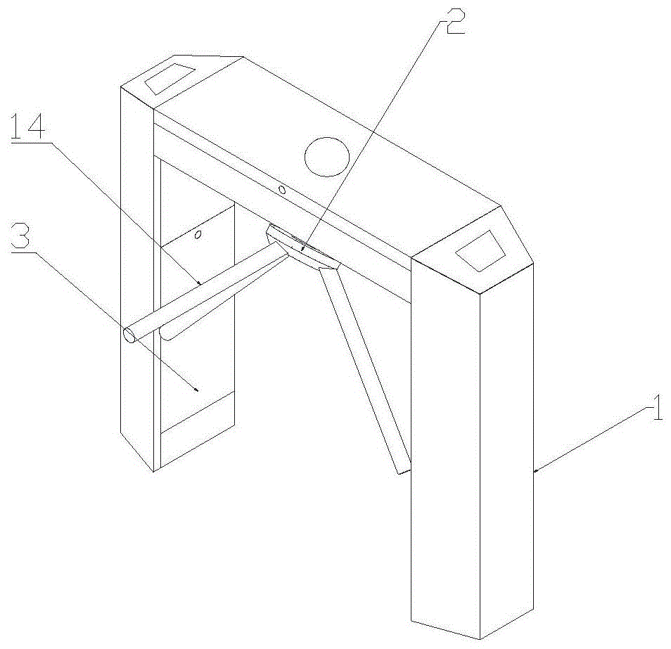 本实用新型一种电动旋转三辊闸,属于闸门设备技术领域.