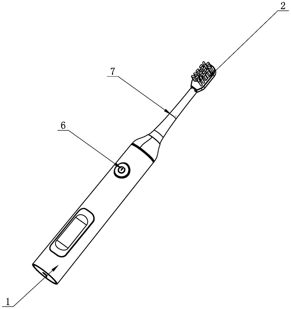 背景技术:现有的电动牙刷,包括有手柄,刷头,手柄内设有电机,电源,电路
