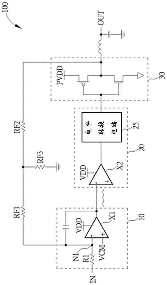 图2显示结合本发明实施例的d类功率放大器电路的方块示意图.