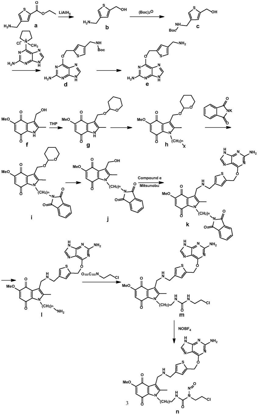 肿瘤靶向性抗耐药O6-噻吩甲基鸟嘌呤-吲哚醌-氯乙基亚硝基脲联合分子及其制备方法与流程