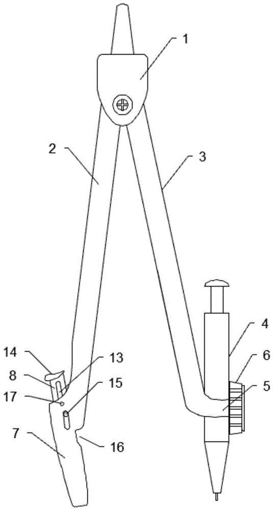 背景技术:圆规为常用的学习用品,一般的结构如下:包括圆规头,定位脚
