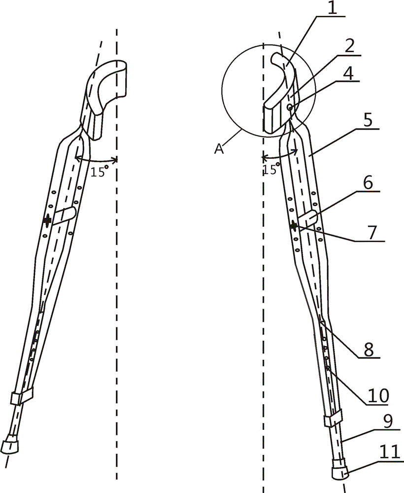 具体来讲是一种歪脖子形结构的能支撑胁部的手持拐杖