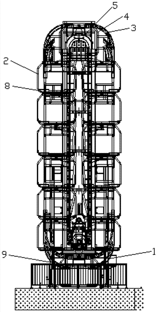 本實用新型屬於立體車庫技術領域,涉及一種八層垂直循環智能立體停車