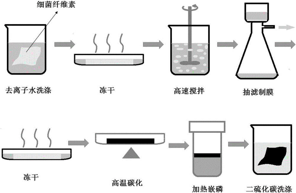 一種紅磷?碳化細(xì)菌纖維素柔性復(fù)合材料及制備方法與流程