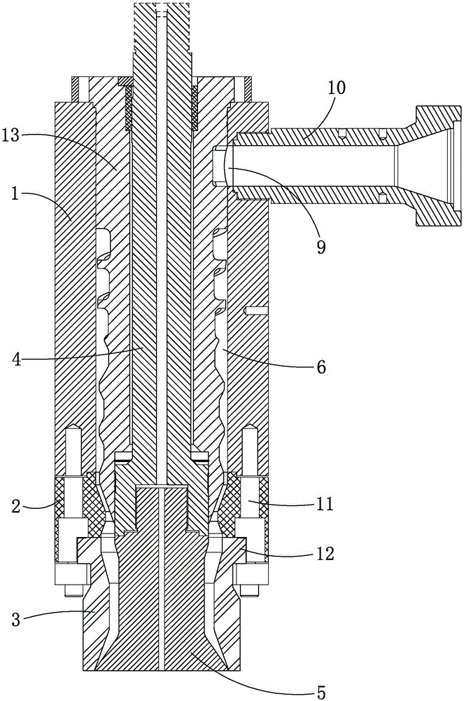 一种侧进料螺旋式连续挤出吹塑模头,其特征在于:包括外层结构和内层