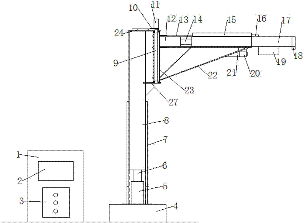 一种建筑用悬臂吊,其特征在于:包括控制箱(1,立柱(7,悬臂(13)和旋转