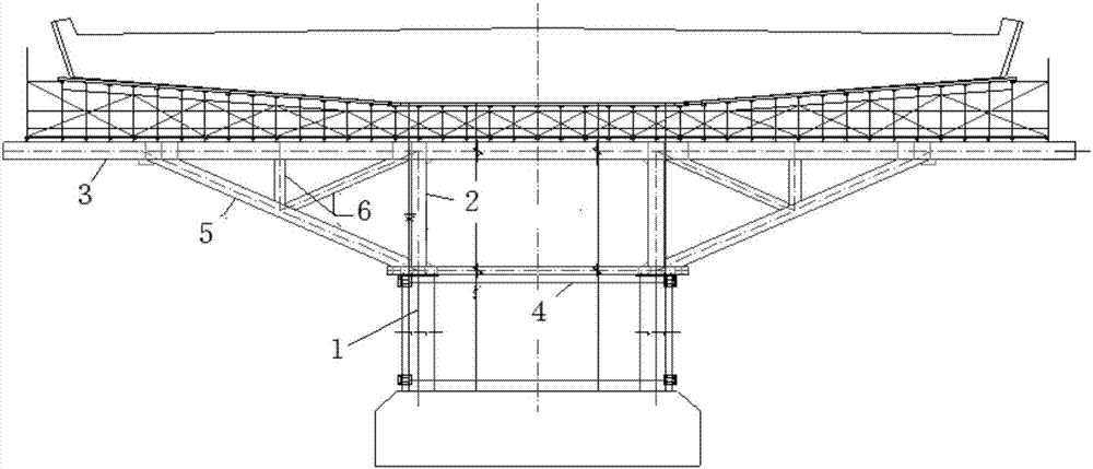 並與橋墩立柱固定,其特徵在於:所述桁架由立杆,上弦杆(3),下弦杆(4)