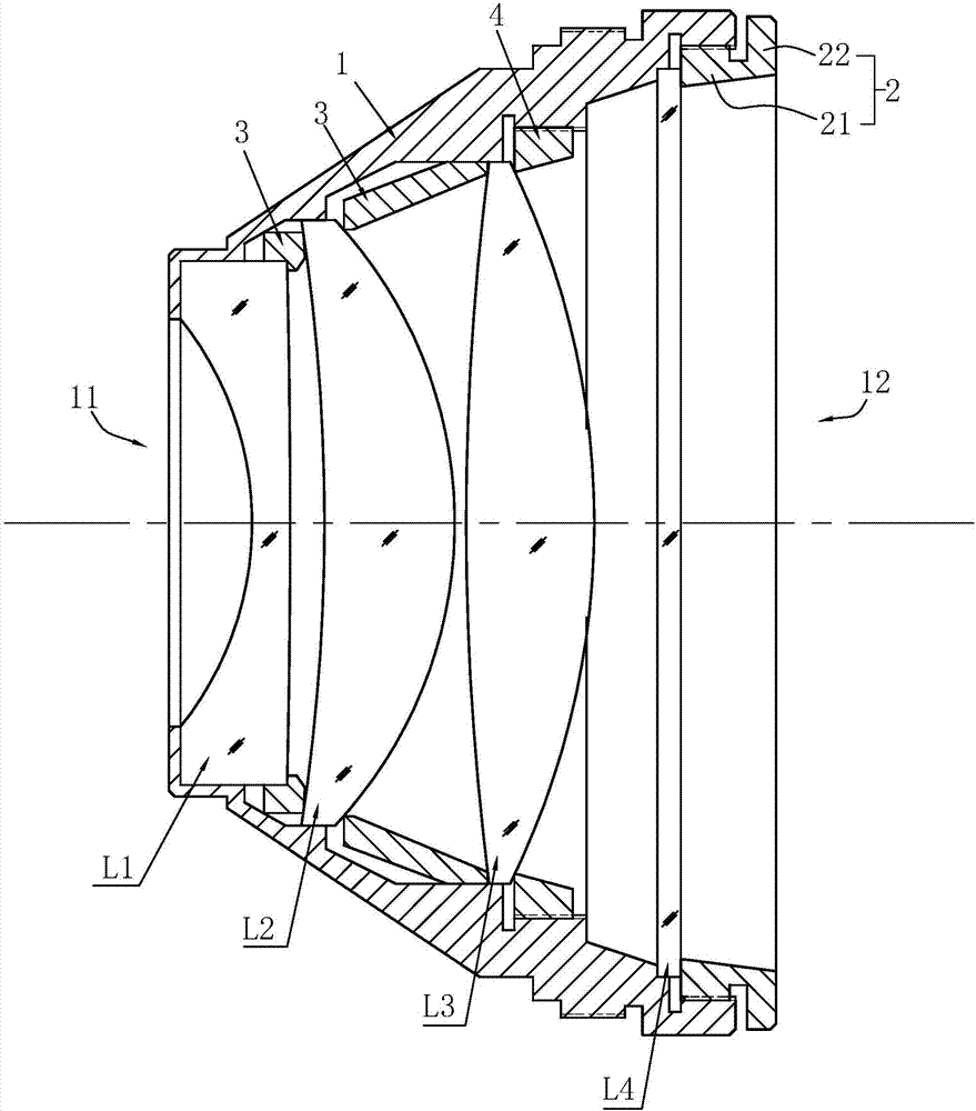 其特徵在於:第一透鏡(l1)為凸凹透鏡,第二透鏡(l2)為彎月凸透鏡,第三